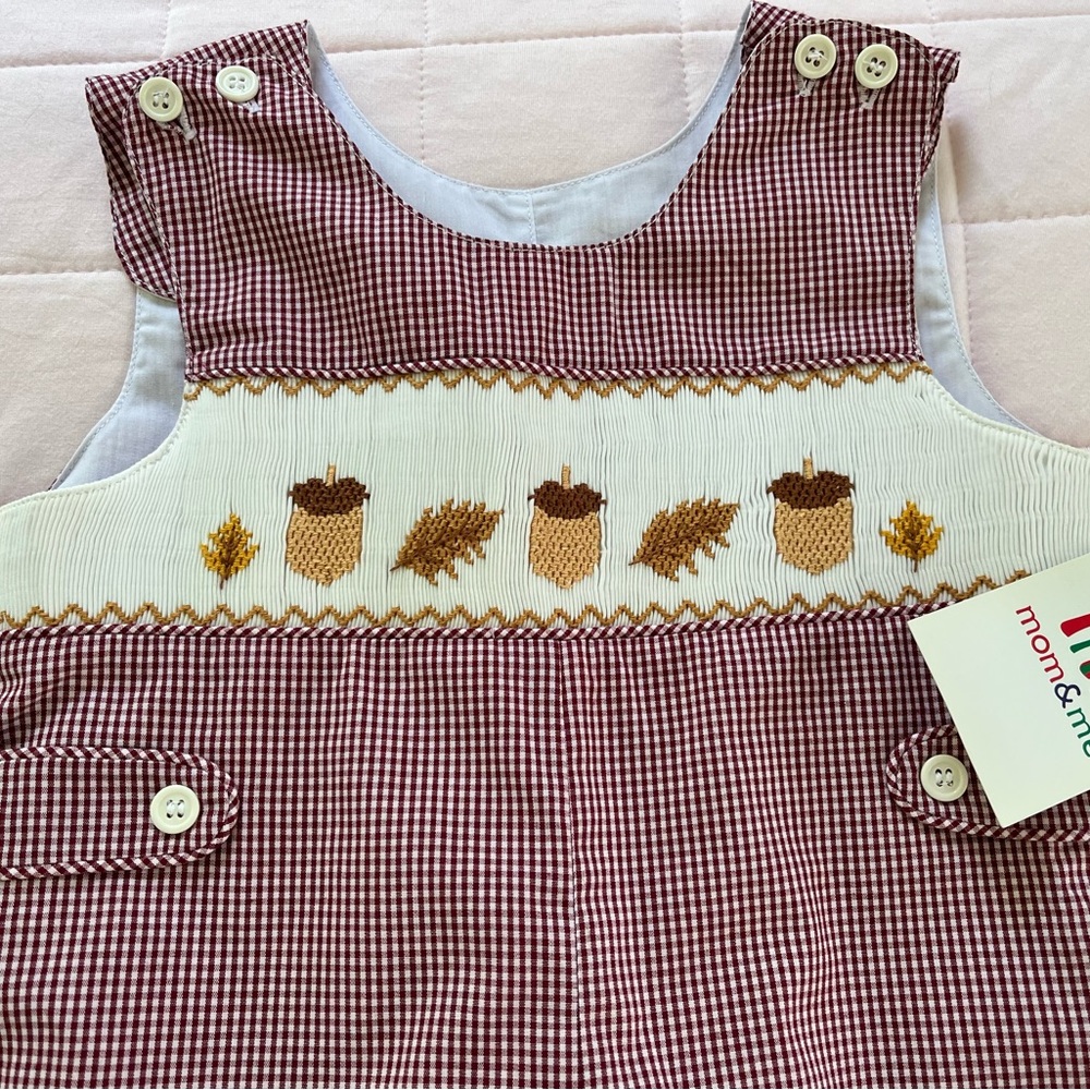 NEW Fall Leaves Red Check Smocked Acorn Longall Jon Jon Size 24 months - Picture 5 of 7